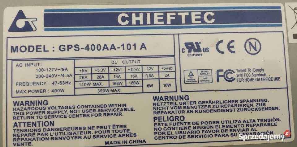 Zasilacz komputerowy Chieftec 400W łódzkie
