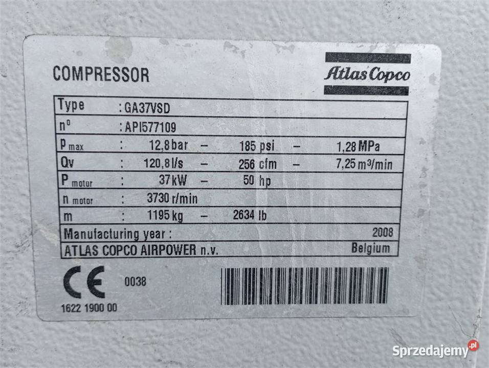 Sprężarka śrubowa kompresor ATLAS COPCO GA37 Wilków