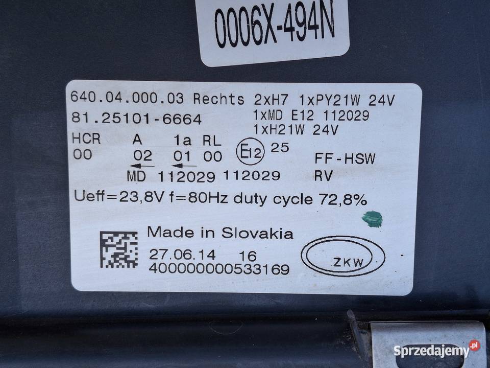 MAN TGX TGS REFLEKTOR PRAWY LAMPA PRAWA ORYGINAŁ lubuskie Bieleń sprzedam