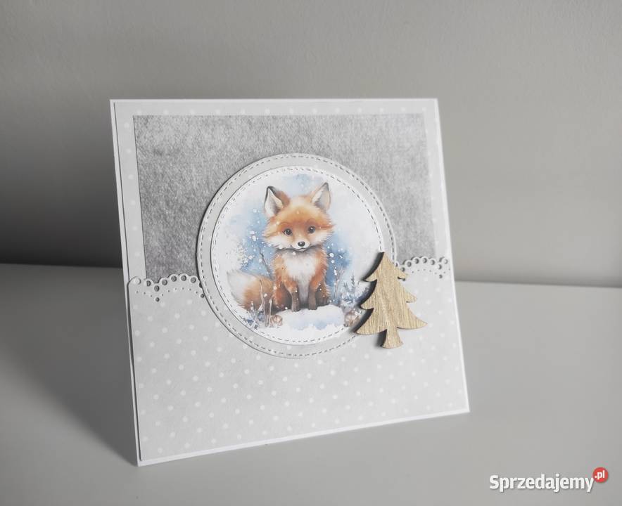Kartka ręcznie robiona zimowa świąteczna z lisem sprzedam
