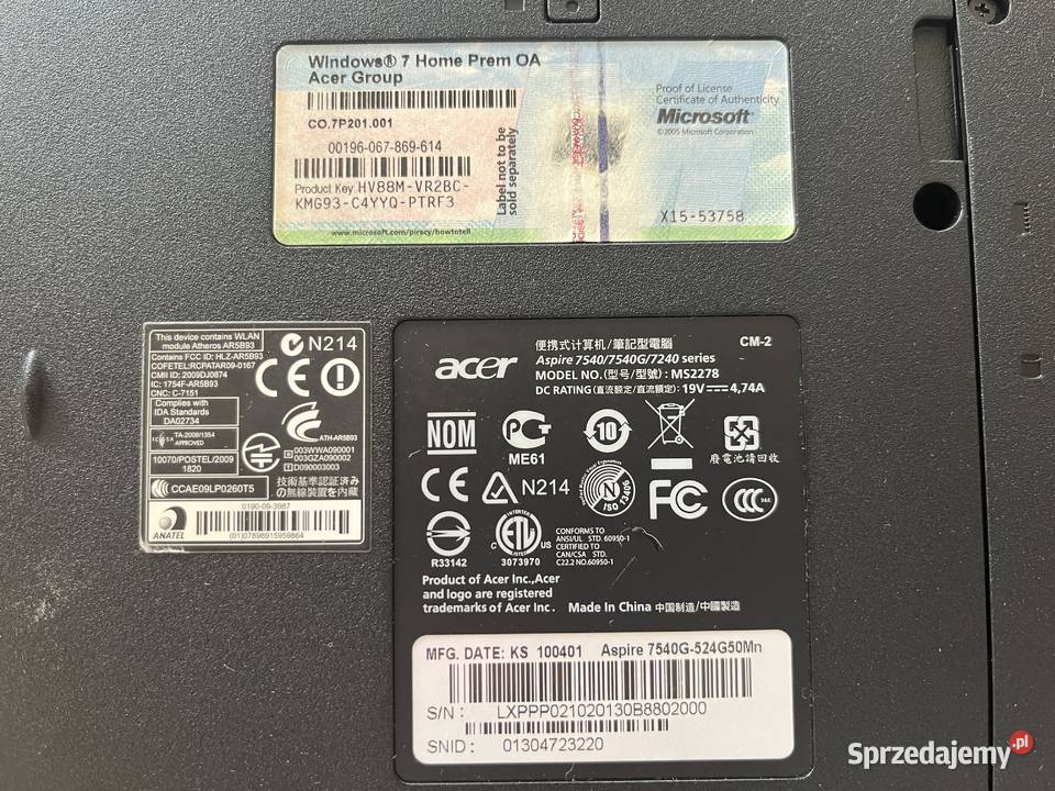 Laptop Acer Aspire 7540G524G50Mn 17 w świetnym Kłomnice