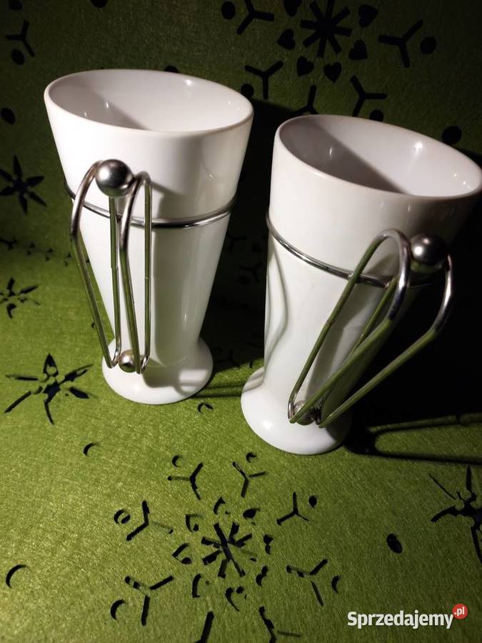 2 kubki wysokie białe rączka metal PRL Pozostałe Wrocław