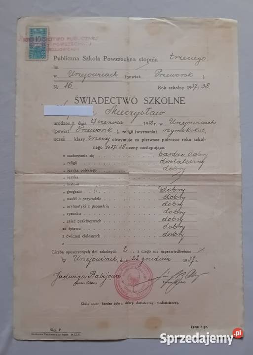 Świadectwo I półrocze klasy trzeciej Publiczna Koźminek