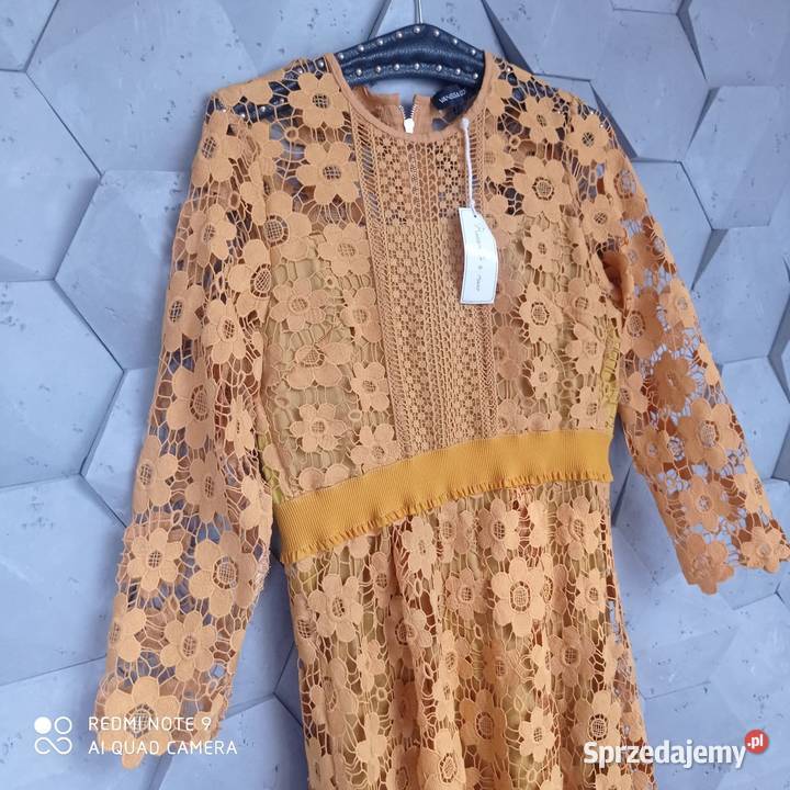 Musztardowa koronkowa włoska sukienka LXl