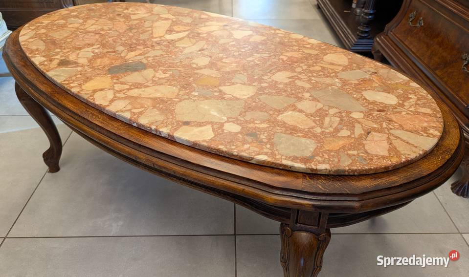 Piękny dębowy stolik ludwikowski z marmuremsklep Dąbrowa Górnicza