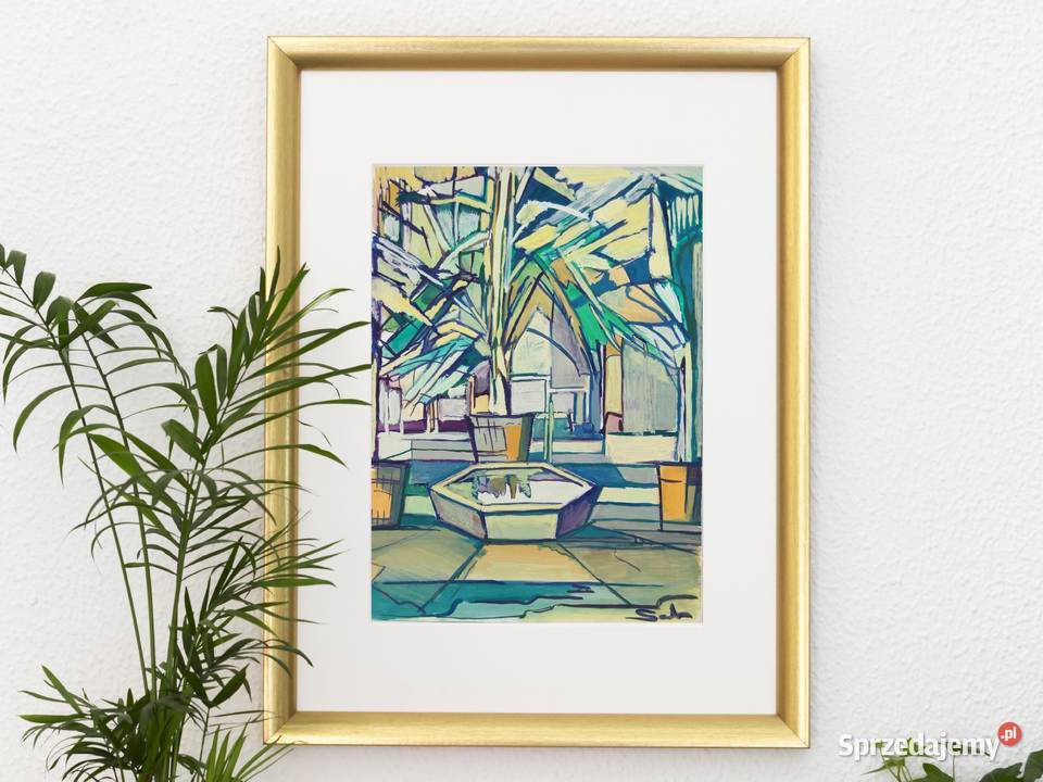 Palmiarnia fontanna obraz gwasz Saba wielokolorowy