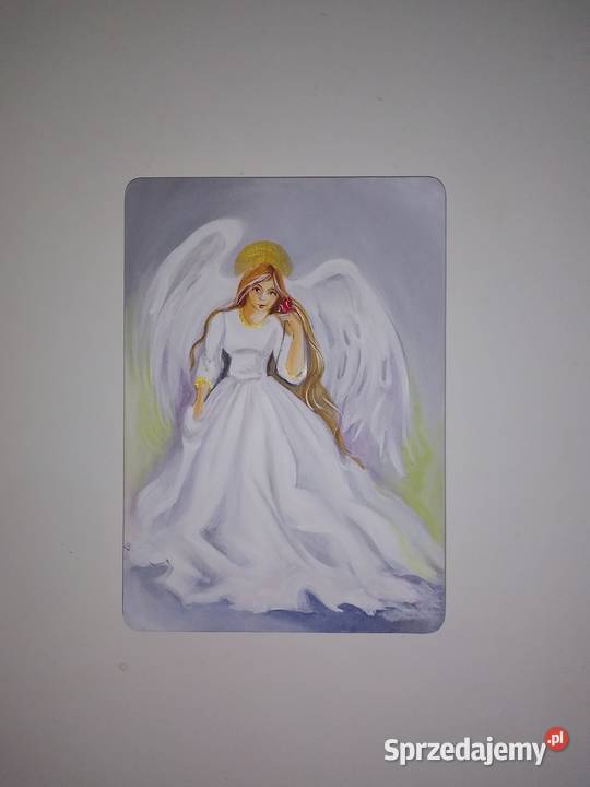 Anioł z różą malowany na desce Wyposażenie wnętrz