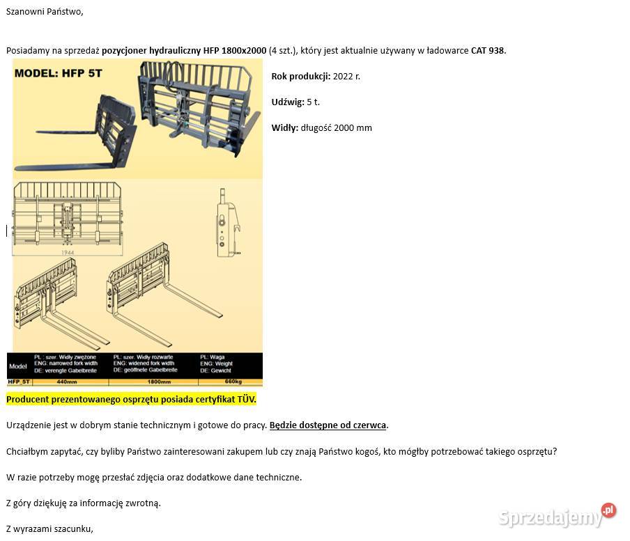 Pozycjoner hydrauliczny wideł HFP 1800x2000mm Pozostałe sprzedam