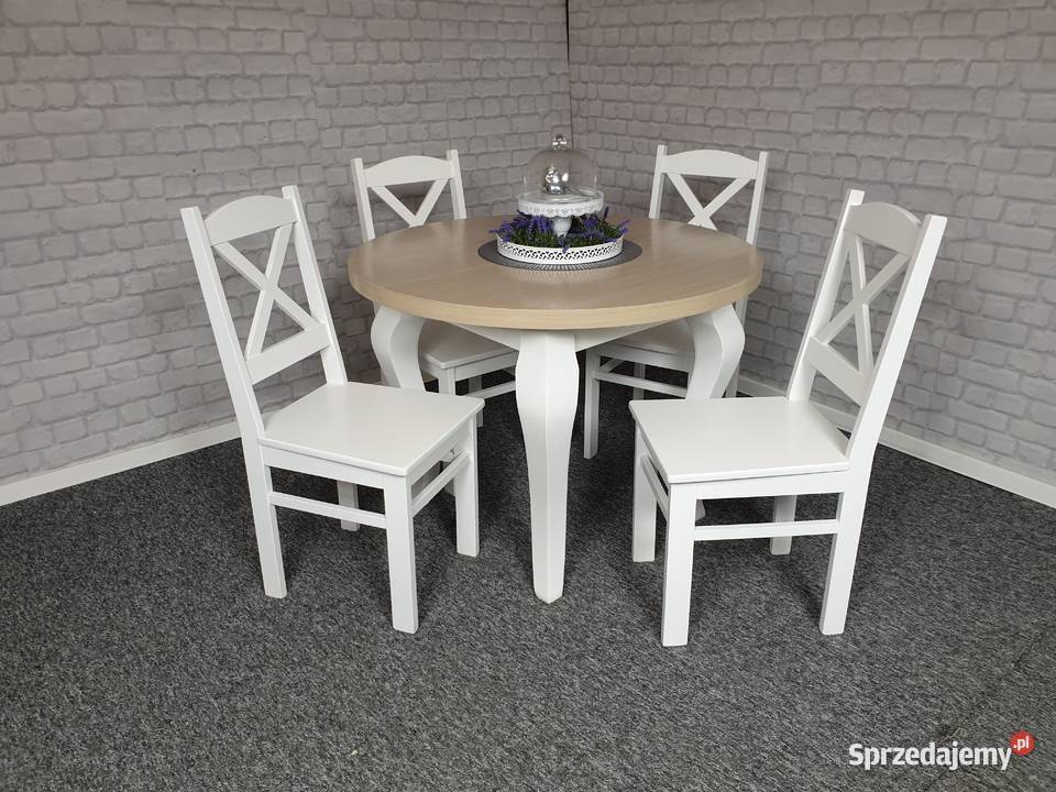 Piękny zestaw PROWANSALSKI stół okrągły + 4 krzesła sosnowe