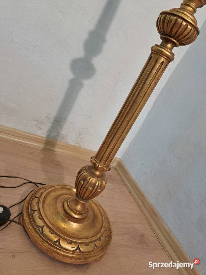 Lampa podłogowa drewniana złota abażur wielokolorowy