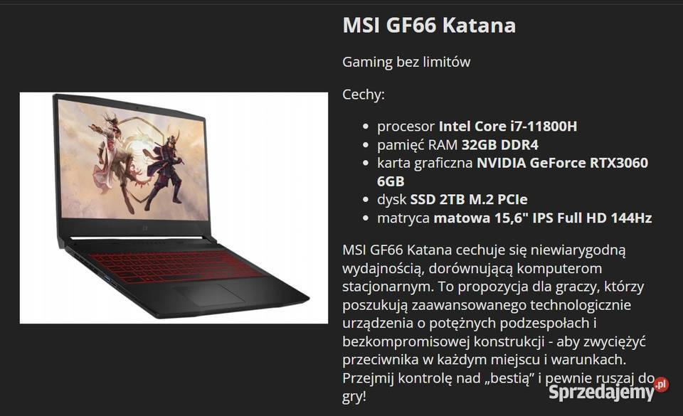 MSI GF66 Katana i711800H 64GB RTX3060 2TB M2 warmińsko-mazurskie