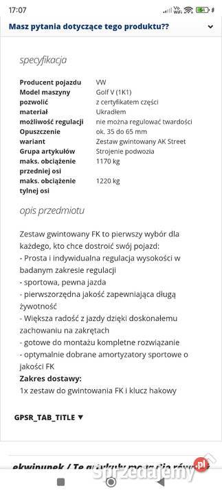 Zestaw zawieszenia gwintowanego FK VW Golf 5 Zawieszenie gwintowane śląskie Jastrzębie-Zdrój
