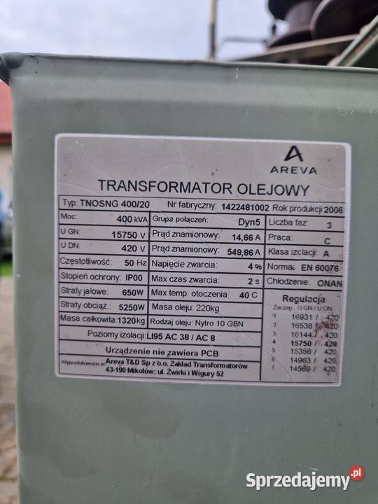 Transformator olejowy 400kVA DYN5 3 fazy 2006r Biznes i Przemysł mazowieckie Osieck
