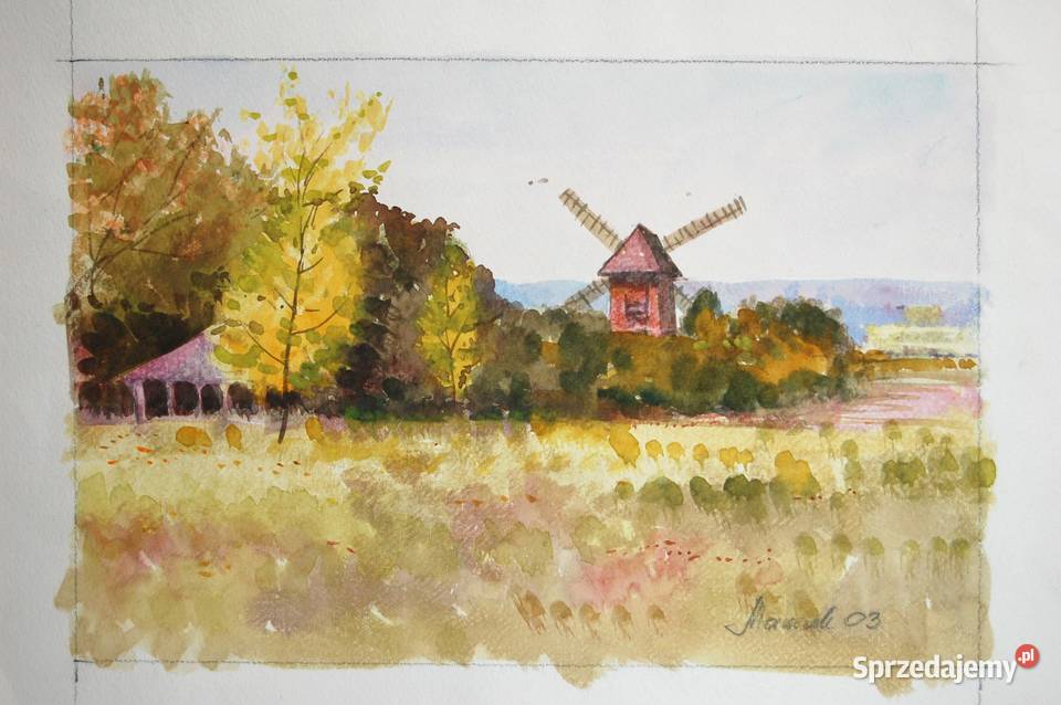 Wiatrak jesienny pejzaż akwarela Mirosława wielokolorowy Obrazki i obrazy Lublin sprzedam