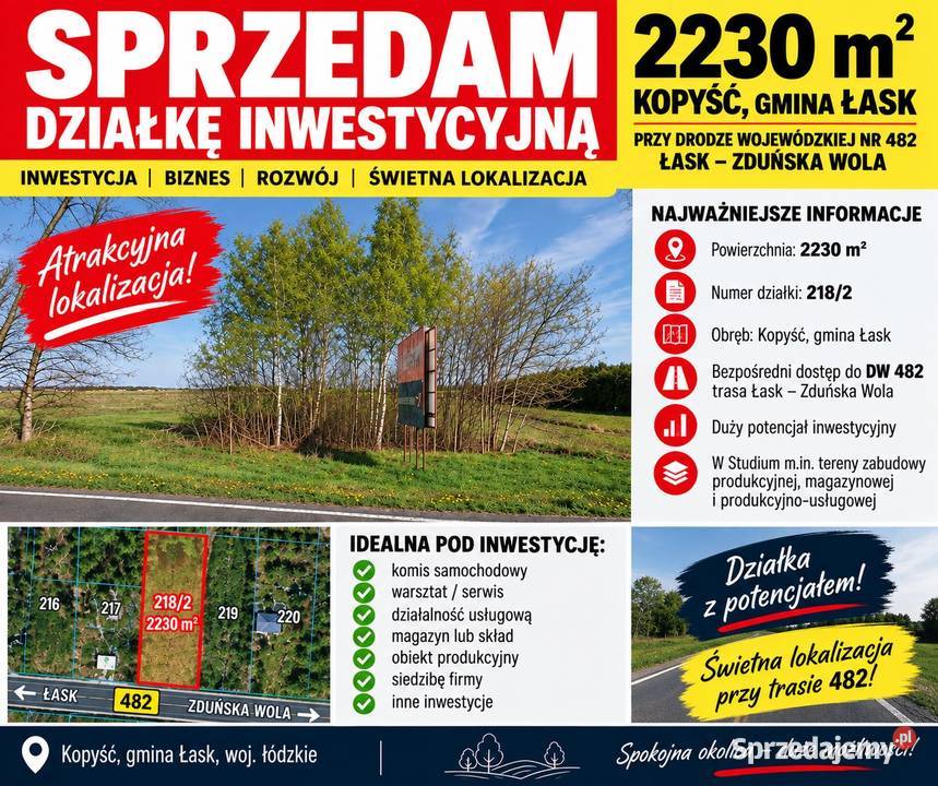 Działka inwestycyjna - 2230 m² – Kopyść, Łask – DK 482 - OKAZJA