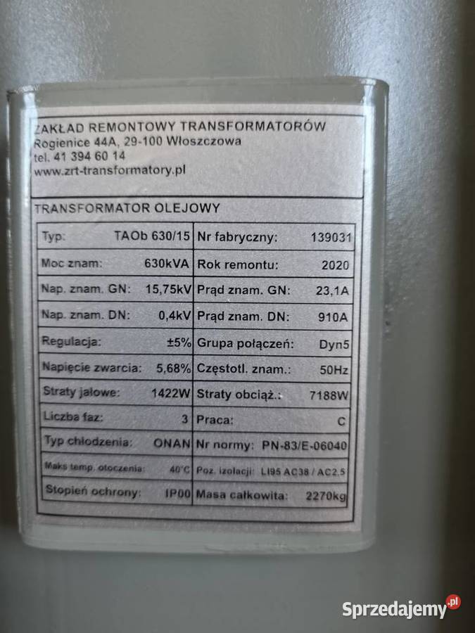 Transformator olejowy 630kVA 1504kV z pełną Tomaszów Lubelski