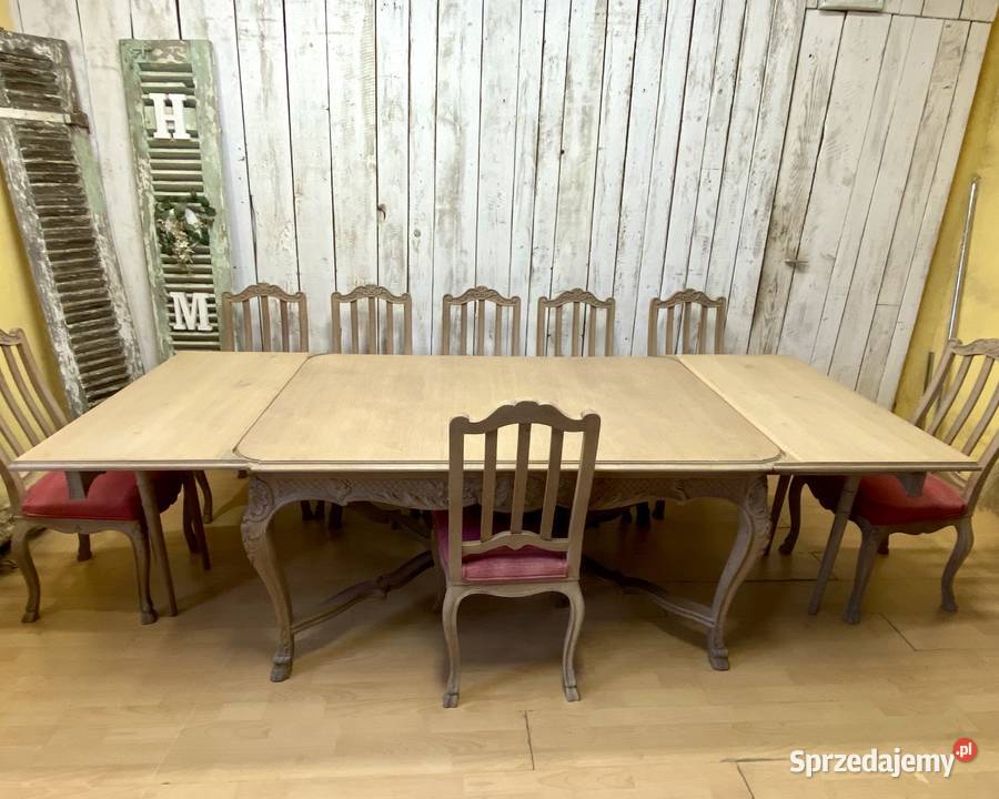 Zestaw odnowiony potężny stół dębowy 8 krzeseł 155cm