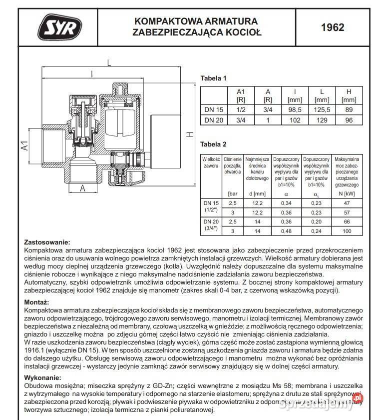 Kompaktowa armatura zabezpieczająca kocioł 1962 Nisko