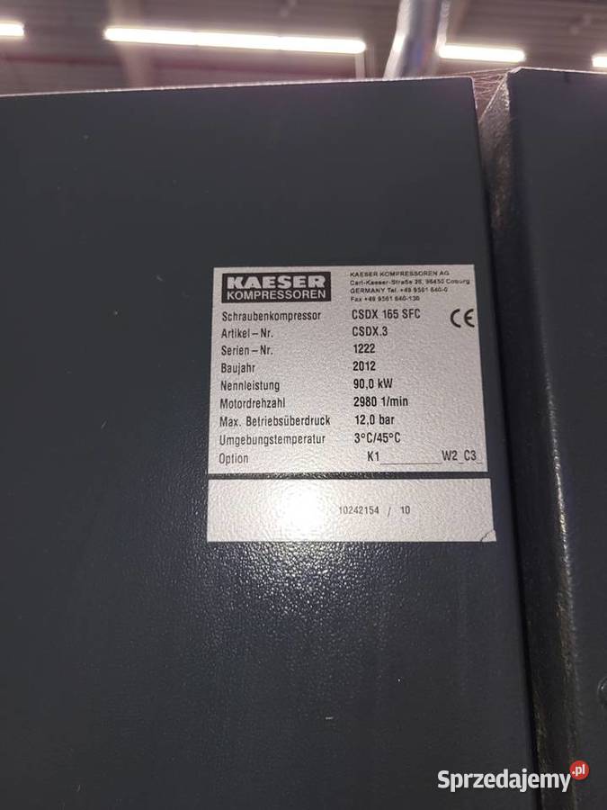 KOMPRESOR ŚRUBOWY KAESER CSDX165 SFC 90Kw 2012r Zduny sprzedam