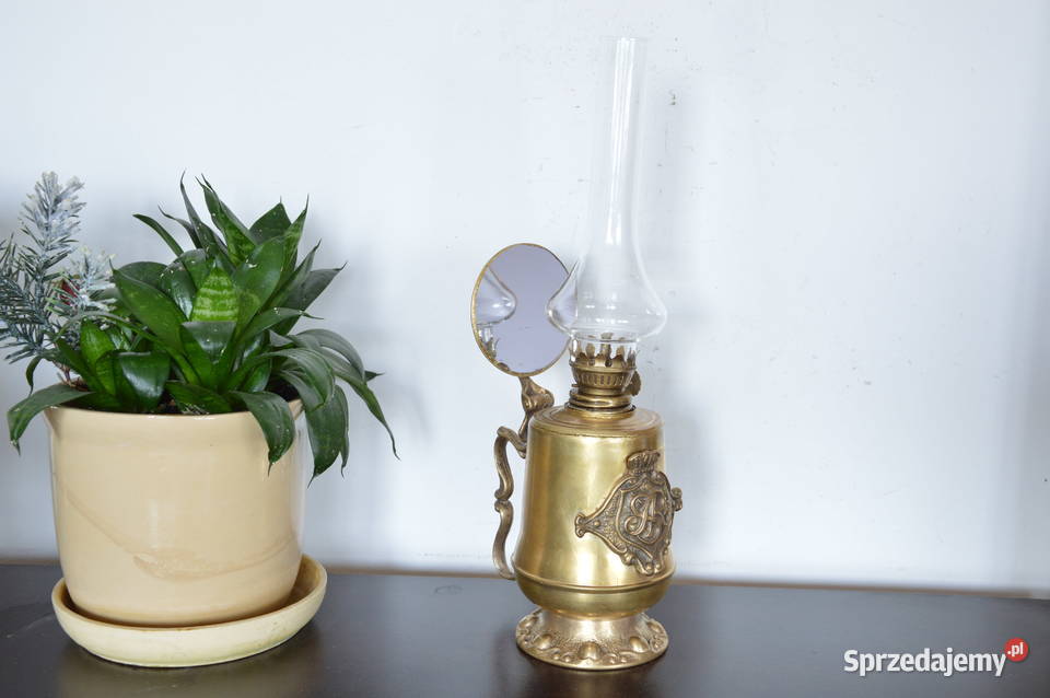 lampa naftowa mosiężna stojąca z lusterkiem śląskie Jastrzębie-Zdrój sprzedam