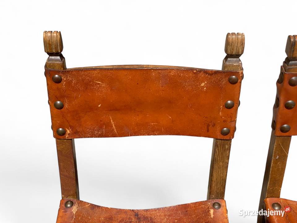 Zestaw 3 dębowych krzeseł vintage skóra Meble Gryfice