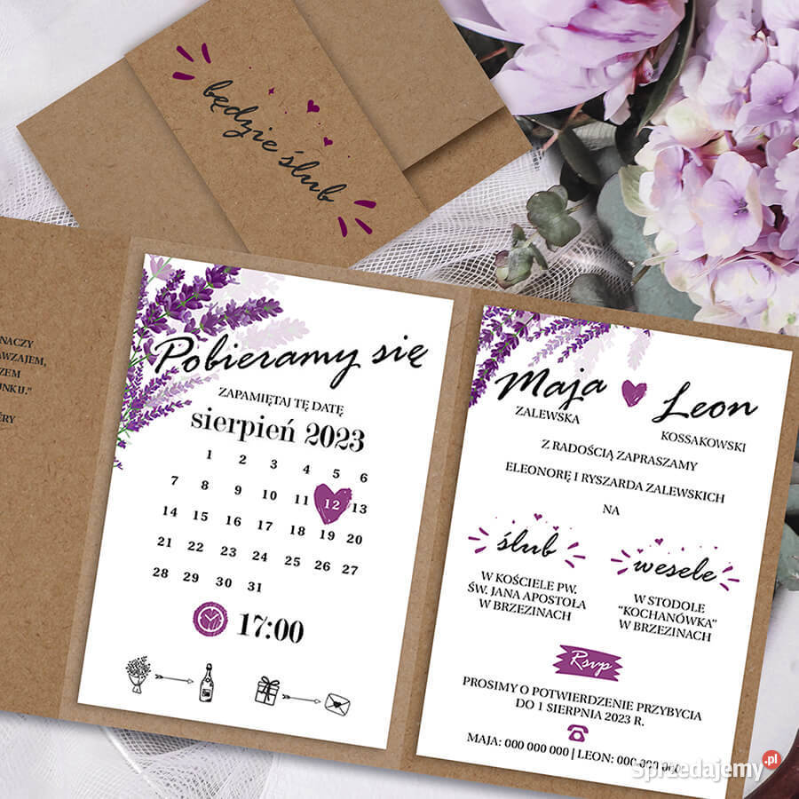 Folderowe zaproszenia ślubne z wrzosem Siedlce