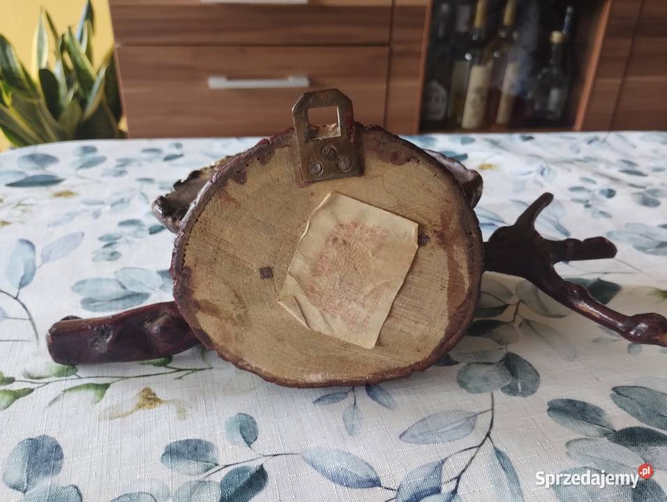 PRL półka hand made korzeń huba etykieta Łódź