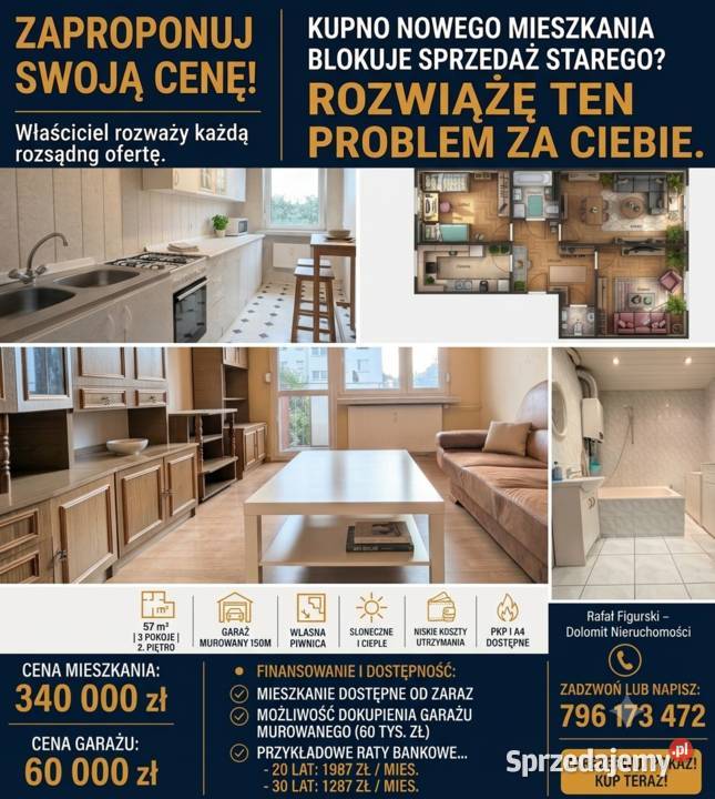 3 pokoje 2 piętro Os Piastów 57 m balkon piwnica Sprzedaż Strzelce Opolskie