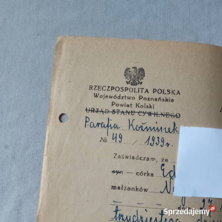 Wyciąg aktu urodzenia 1950 r Koźminek sprzedam