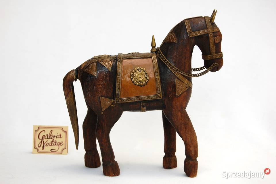 Koń indyjski mahoń mosiądz rzeźba drewniana Figurki i rzeźby
