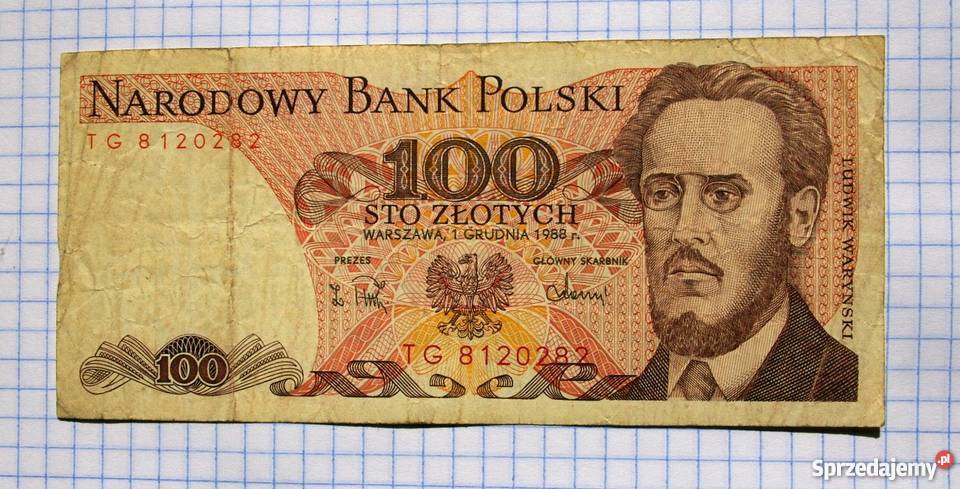 BANKNOT 100 ZŁOTYCH 1988 SERIA TG 8120282 Piszczac