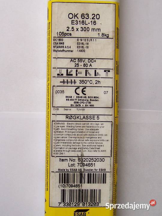 Elektrody wysokostopowe ESAB E316L16 OK 6320 25 Reda sprzedam