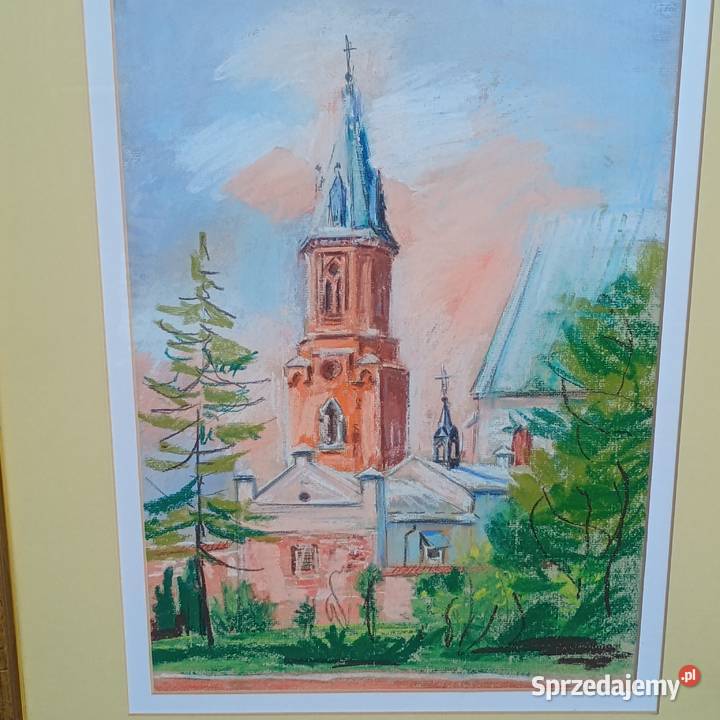 Obraz wieża kościelna z przyległymi budynkami i Chrzanów