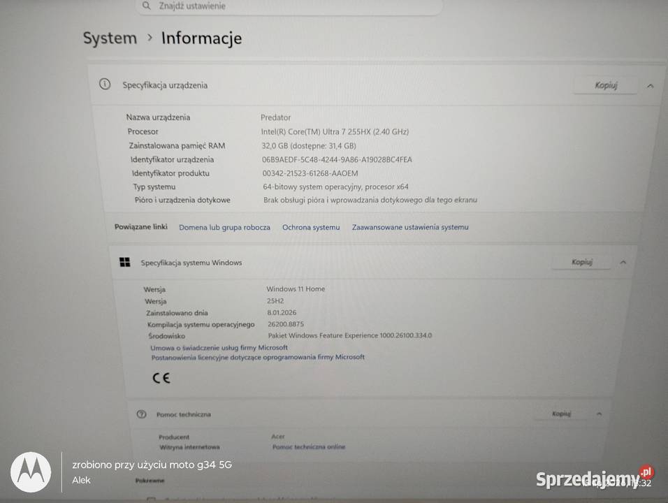 Laptop gamingowy Predator 18 Sława Wielkopolska