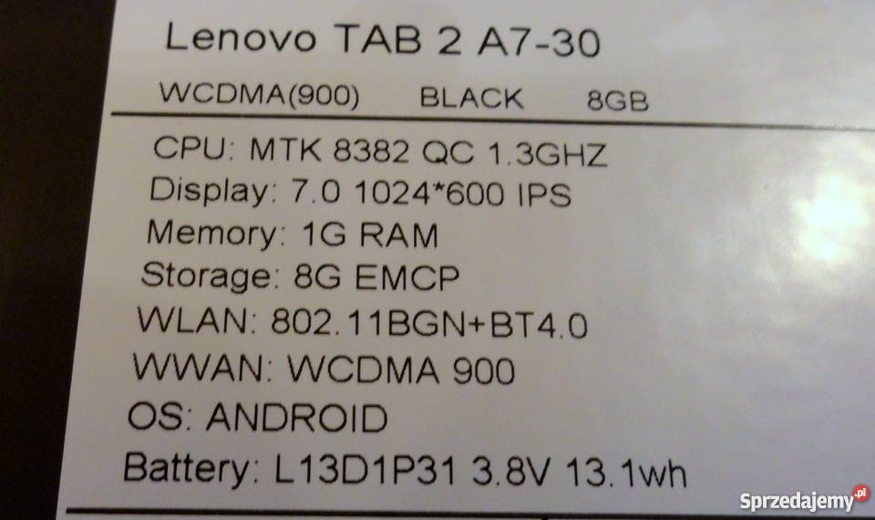 NOWY Lenovo TAB 2 A730 3G 8GB 1GB WiFi GW Kościan