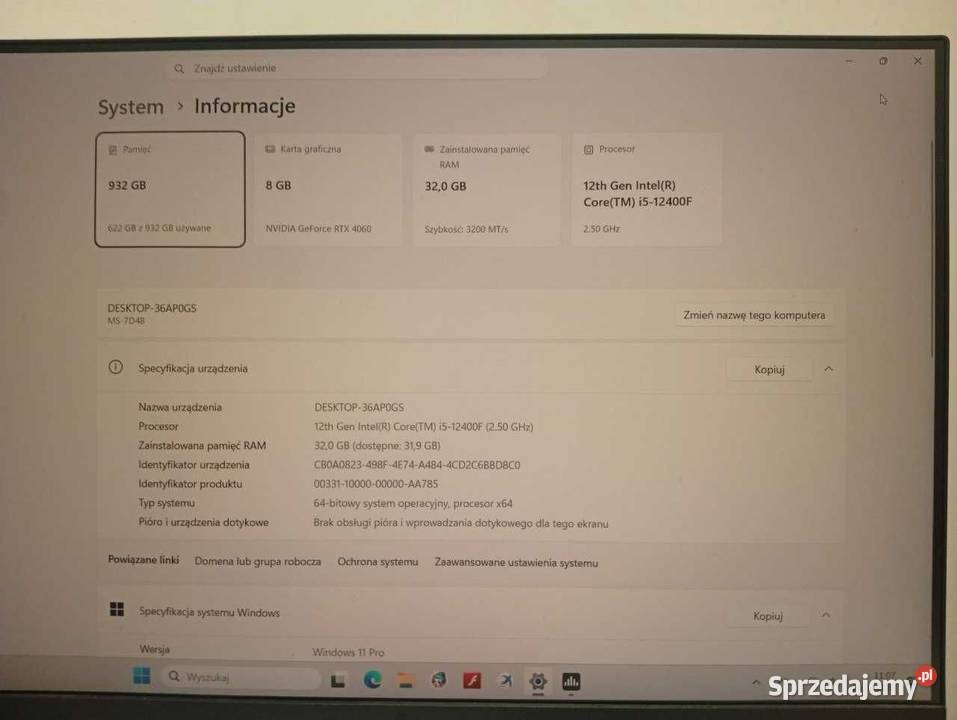 Komputer gamingowy i512400F RTX 4060 32GB 1TB Kraków sprzedam