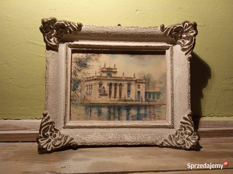 Stary piękny obraz akwarela Łazienki Marian Kraków