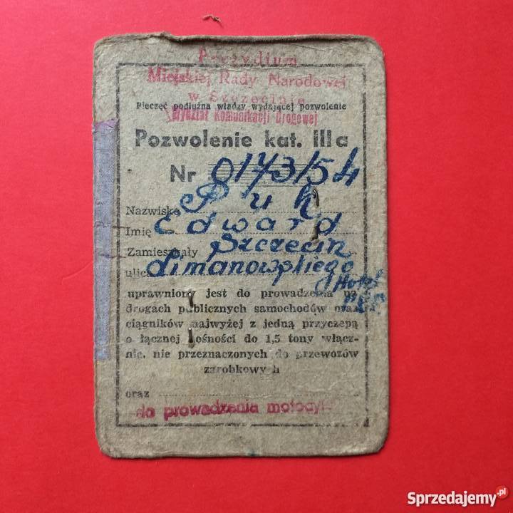 940 Pozwolenie na Prowadzenie Pojazdow z 1954 r zachodniopomorskie Szczecin