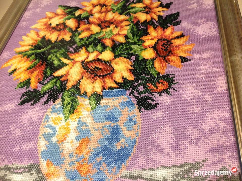 Piękny Obraz Słoneczniki w Wazonie Haft Nowa Sól