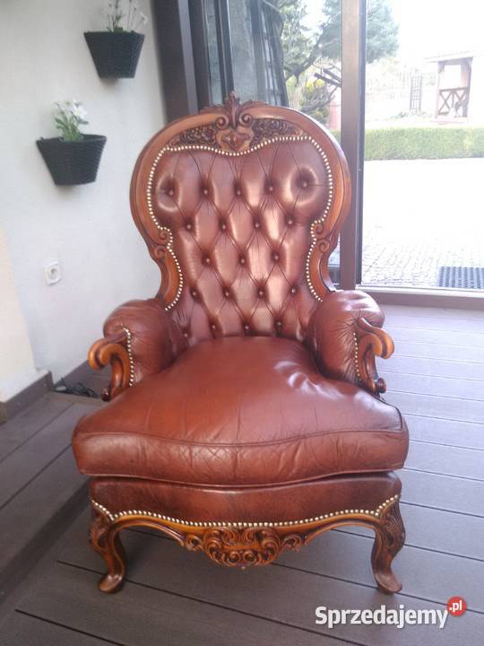 Fotel LudwikBarok Rzeźbione Skóra Antyk Stan łódzkie Kluki