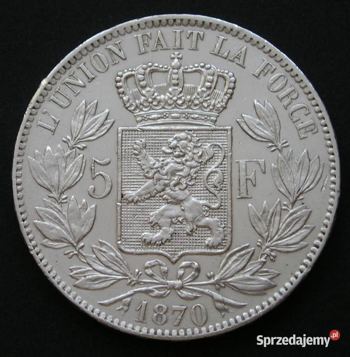 BELGIA 5 FRANKÓW 1870 LEOPOLD II SREBRO Łódź