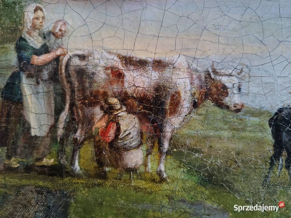 Stary obraz olejny Pastwisko Kartuzy