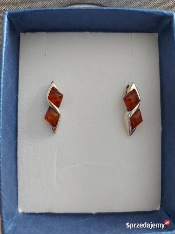 Srebrne wkrętki kolczyki z bursztynem Olkusz