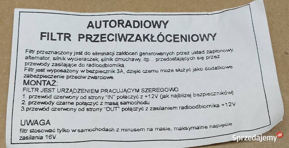 AUTORADIOWY FILTR PRZECIWZAKŁÓCENIOWY Motoryzacja Mielęcin