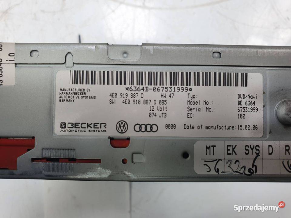 ODTWARZACZ DVD AUDI A8 D3 W12 4E0919887D Pozostałe Lipno