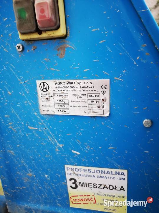 Betoniarka BWA 150 260l 230v 15kW 3 mieszadła Legnica