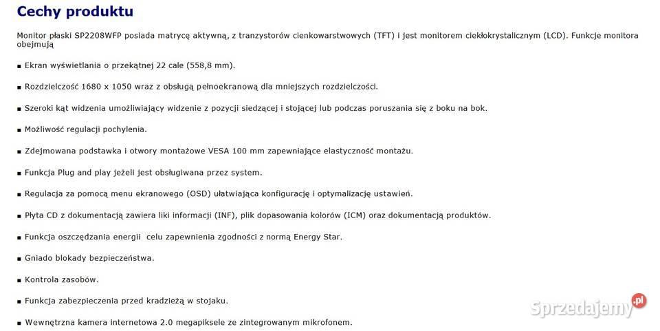 Sprzedam w stanie Monitor DELL SP2208WFP Monitory i projektory Krotoszyn sprzedam
