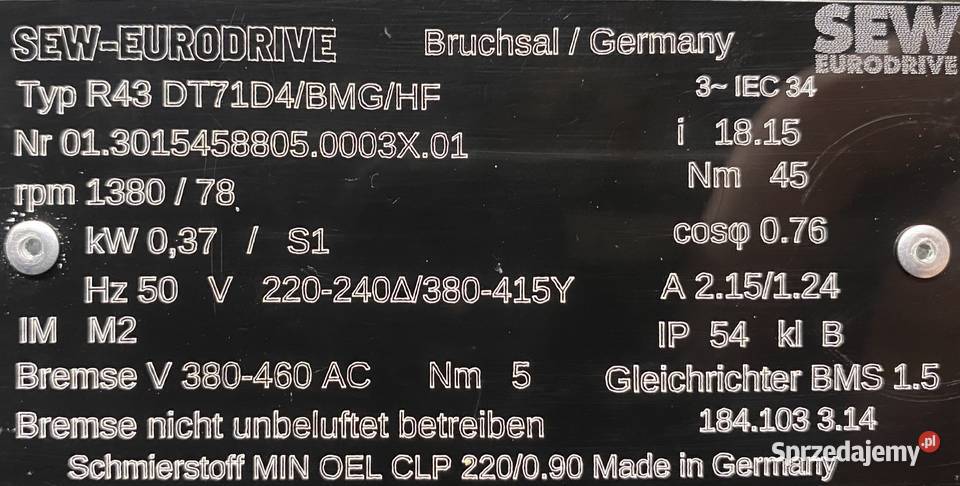 motoreduktor przekładnia 037kW 78obr 3fazowy Pigża