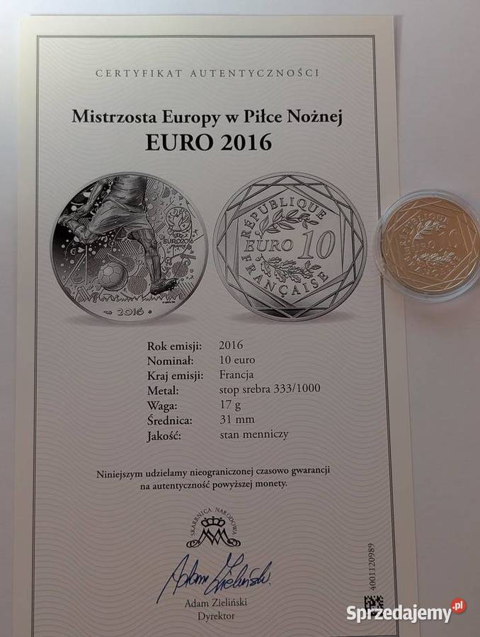 Srebrna Moneta 10 Euro EURO 2016 Francja Piła sprzedam