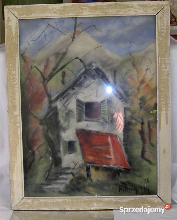 obraz vintage Domek z zielonymi okiennicami Malarstwo Bartków